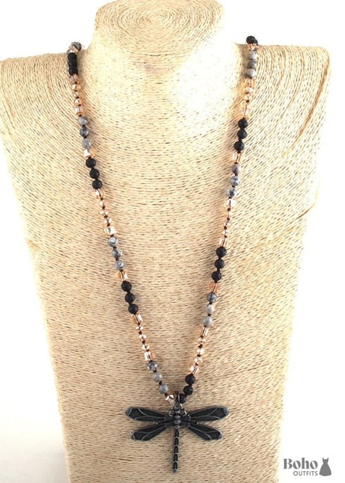 Boho Necklace, RH Amazonite Jasper, Dragonfly Brown Natural Stone